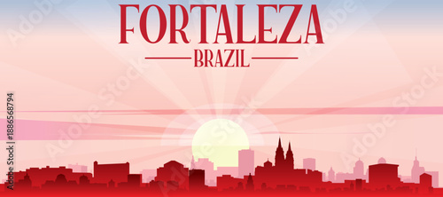 Red panoramic poster of the city skyline with misty background buildings, sunrise, moon and clouds of FORTALEZA, BRAZIL