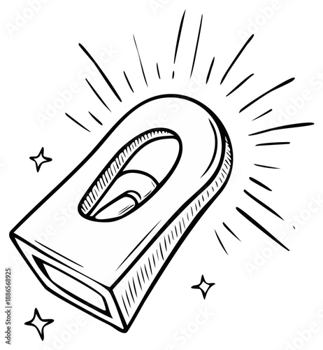 Hand drawn illustration of a shiny capsule and light rays