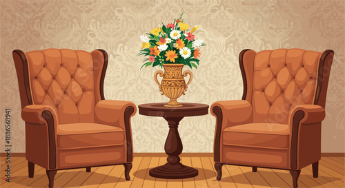 Cozy interior scene featuring two brown leather armchairs flanking a small table with a large vase of colorful daisies.