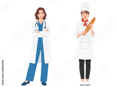 professional women standing a female doctor in medical scrubs and white coat alongside a female chef in uniform holding a fresh, crusty French bread baguette.
