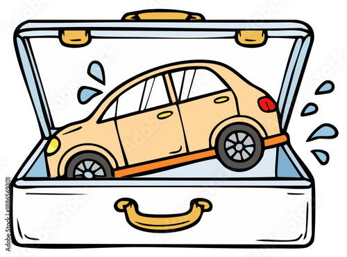 Toy Car in a Suitcase Cartoon Concept Illustration Vacation Packing Fun Transport