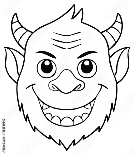 Cartoon monster face, smiling with horns, black and white.