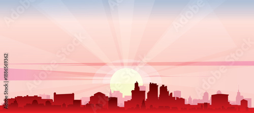 Red panoramic poster of the city skyline with misty background buildings, sunrise, moon and clouds of MANAUS, BRAZIL