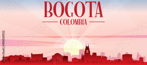 Red panoramic poster of the city skyline with misty background buildings, sunrise, moon and clouds of BOGOTA, COLOMBIA
