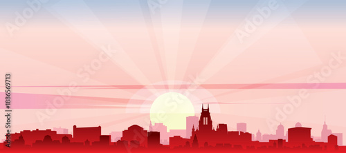 Red panoramic poster of the city skyline with misty background buildings, sunrise, moon and clouds of BOGOTA, COLOMBIA