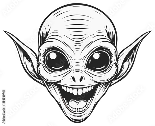 Smiling Alien Head Illustration Black and White Vector