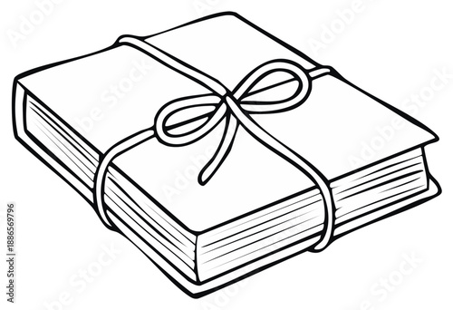 Book with Ribbon Illustration in Black and White Line Art Style, Isolated on White Background