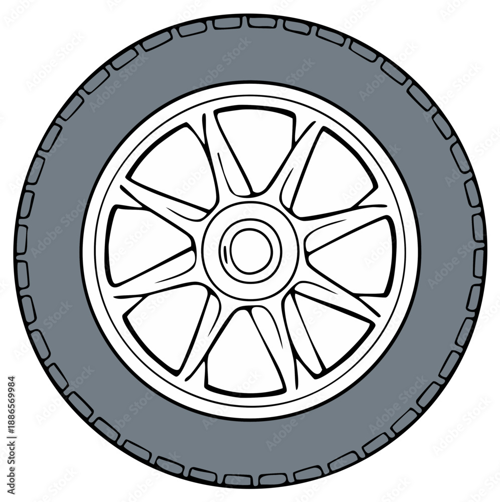Fototapeta premium Isolated car wheel illustration with grey tire and multi spoke alloy rim