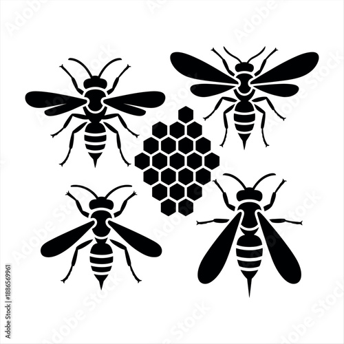 Silhouettes of bees and honeycomb Vector