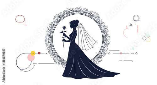 Elegant silhouette of a bride in a long wedding dress and veil holding a single rose inside a decorative circular frame with modern accents.