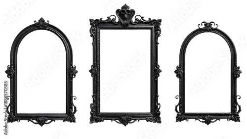 Ornate antique black picture frames with a vintage baroque design and clipping path features a blank wooden border for old gothic art decoration ,png