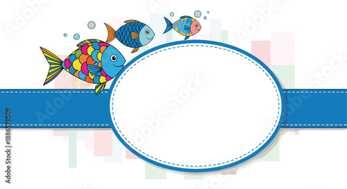 Playful oval frame features a blue ribbon background and three brightly colored cartoon fish with scales in various rainbow patterns.