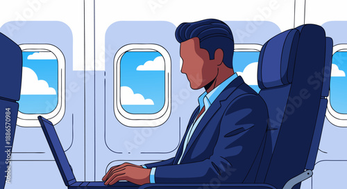 Focused businessman working on laptop during an airplane flight, a vibrant vector illustration capturing modern productivity and travel connectivity