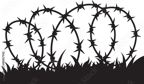 Black and white barbed wire fence with grass silhouette