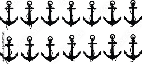 Silhouettes of 16 anchor icons with unique rope configurations arranged in two-row grid on white background