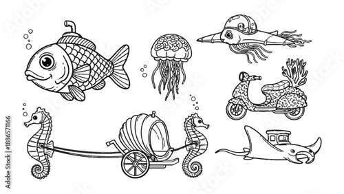 Whimsical Underwater World: An illustration showcases a delightful array of charming sea creatures transformed into fanciful vehicles and objects.