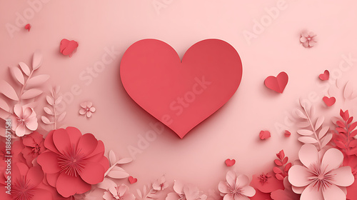 Pink paper cut heart with floral decoration, 3d papercraft style background for Mother's Day greeting card or women's health promo poster, minimalist design with copy space