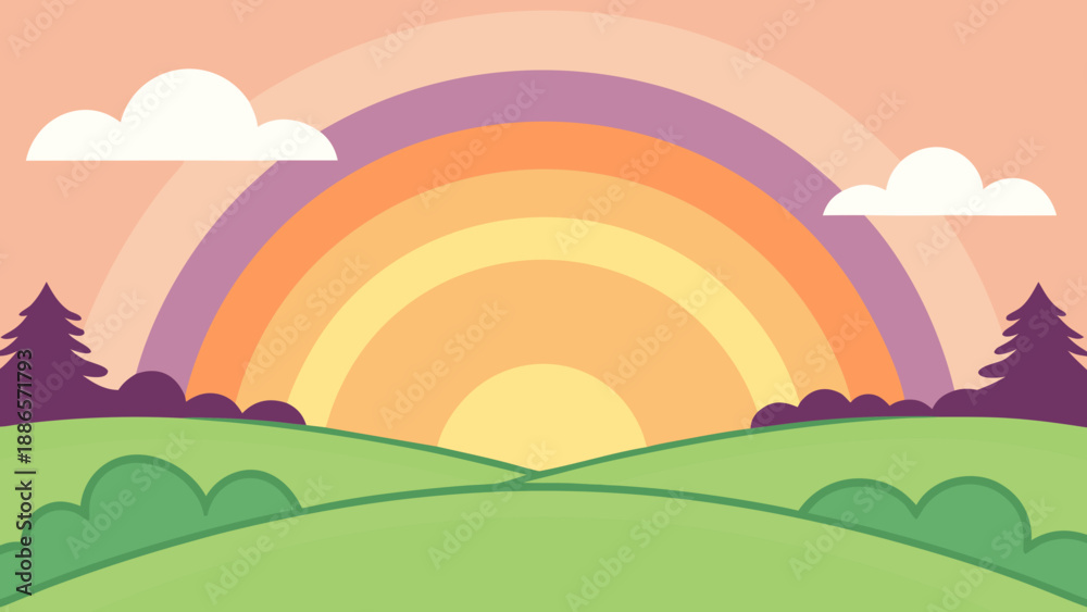 Fototapeta premium Cartoon landscape with rainbow and sunset vector illustration