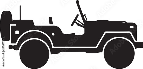 Black and white jeep silhouette with open door and steering wheel visible