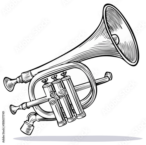 Detailed Engraving of a Brass Flugelhorn with Valves Musical Instrument Close Up Line Art Aesthetic Illustration