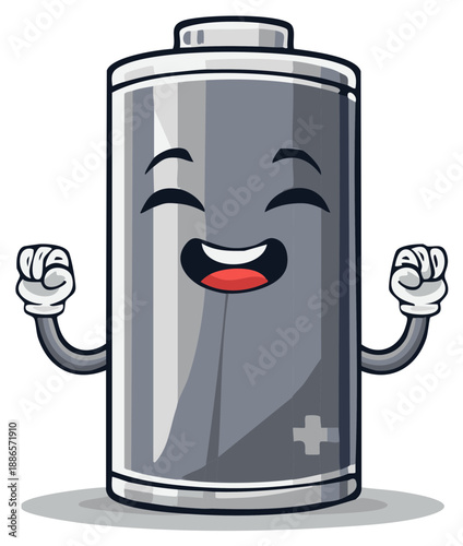 Cartoon battery character showing muscle strength with happy facial expression representing power and energy storage.