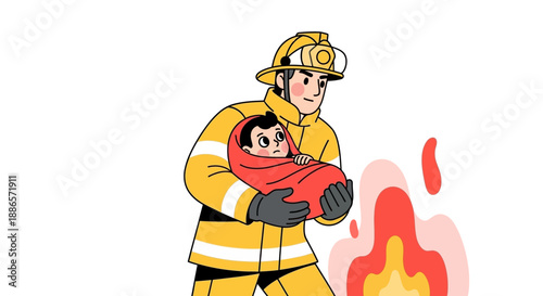 Brave firefighter rescuing baby from fire in heroic illustration