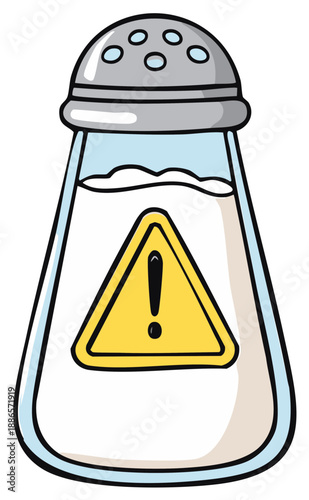 Cartoon Salt Shaker with Warning Sign: Overuse Health Concept