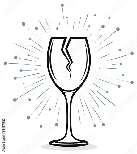 Fragile broken wine glass with radiating lines symbolizing fragility danger warning