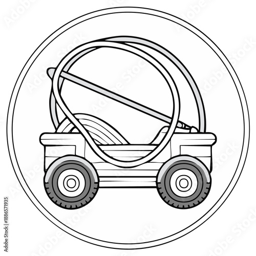 Whimsical cartoon of a small, modern, open-top vehicle with large wheels inside a circular border