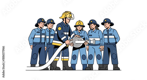 Team of Firefighters and Police Officers Holding a Fire Hose