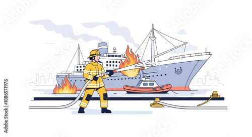 Firefighter extinguishing fire on ship in harbor illustration