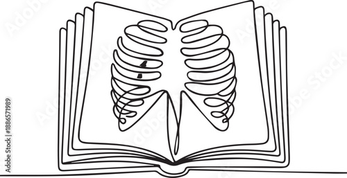 An open book displaying a detailed illustration of a human ribcage from a medical textbook viewed from the front