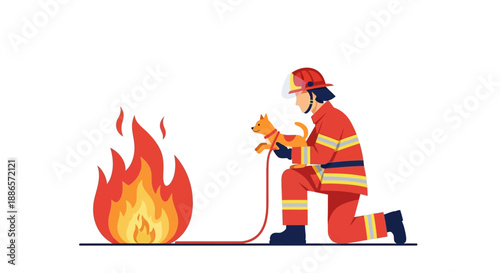 Firefighter rescuing cat from fire in vector illustration