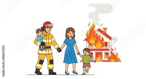 Firefighter rescuing family from burning house in vector illustration