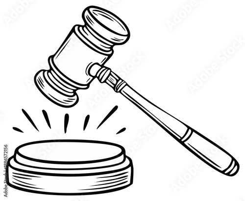 Line art illustration depicting a wooden gavel striking a sound block in a court, law, or legal setting, representing justice and order.