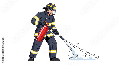 Firefighter in uniform using fire extinguisher on white background