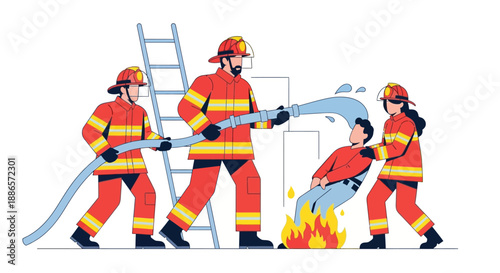 Firefighters rescuing person from fire with hose and ladder