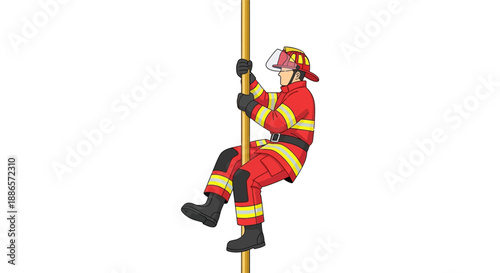 Firefighter in uniform sliding down a pole on white background