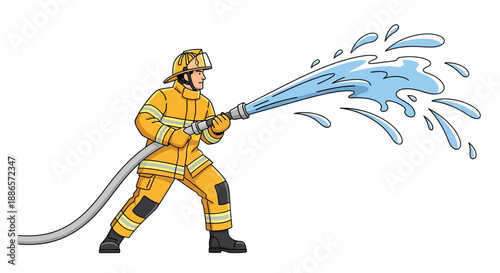 Firefighter in uniform spraying water with hose on white background