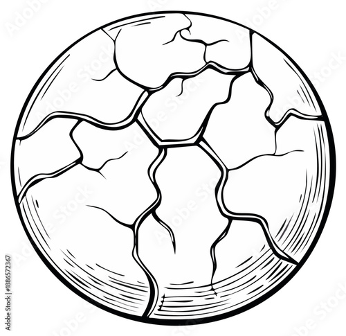 Cracked Sphere Illustration: Abstract Graphic of Land with Cracks and Lines, Black and White Design