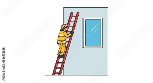 Firefighter Climbing Ladder to Building Window in Vector Illustration