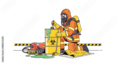 Hazmat worker handling hazardous waste in safety gear illustration
