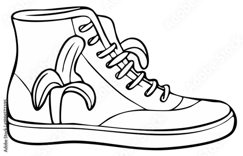 Humorous Shoe with Banana Peel Quirky Footwear Concept Funny Oddity Drawing Outline Vector