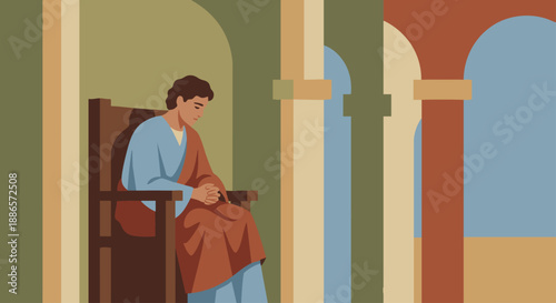 Flat vector illustration of Solomon seated on a simple throne, his posture humble rather than grand. The palace is shown with clean geometric columns and arches in solid colours. Bible story