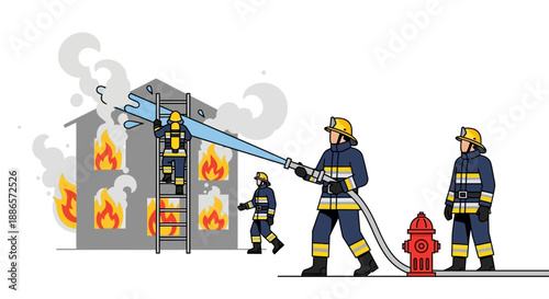 Firefighters Extinguishing Flames in Burning Building Illustration