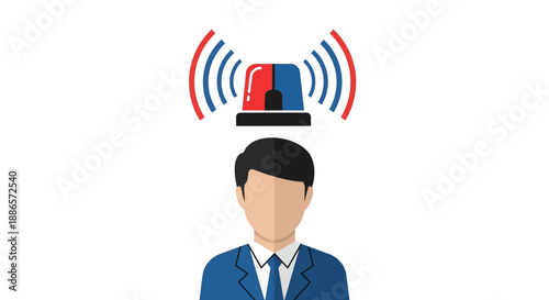Faceless businessman with alarm siren icon on white background