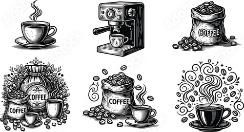 Vintage coffee cup and espresso machine illustration set with coffee beans hand drawn retro cafe icons isolated on white background