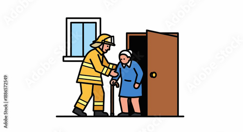 Firefighter Assisting Elderly Woman in Safety Evacuation Illustration