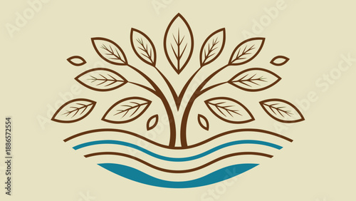 Stylized tree with leaves and water waves logo branches