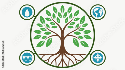 Tree of Life with Four Elements Icons roots branches